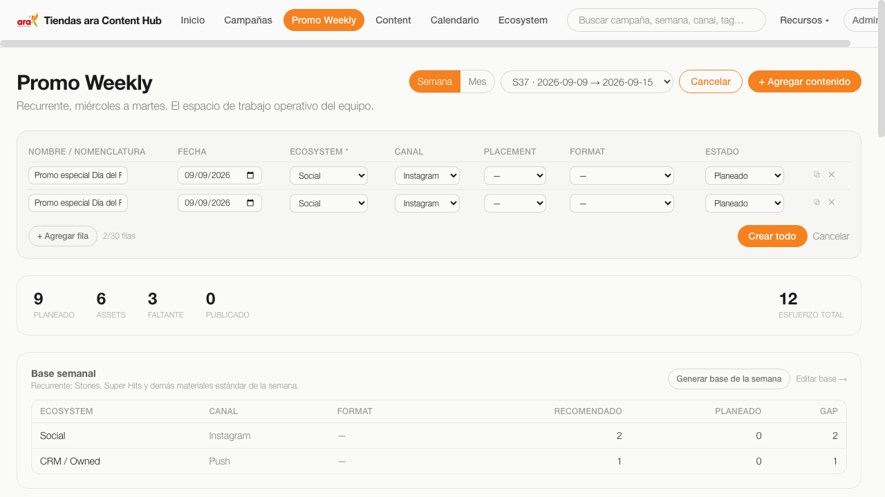 Formulario de creación en lote con dos filas cargadas