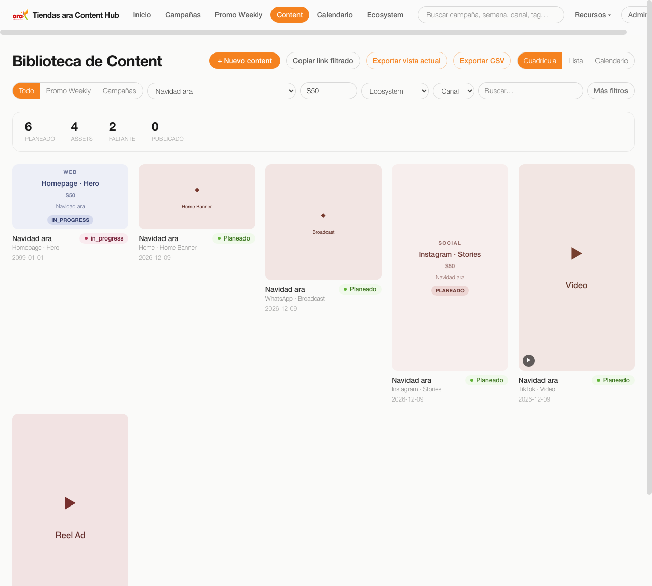Biblioteca de Content con tarjetas de contenido, incluida una en video