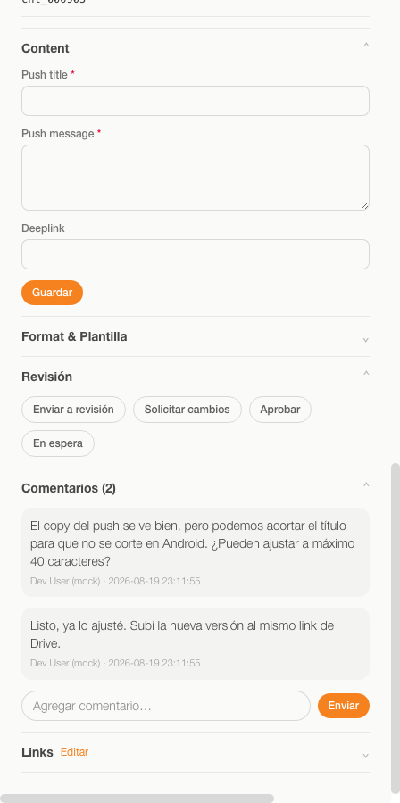 Sección de Revisión y Comentarios en el detalle de una pieza